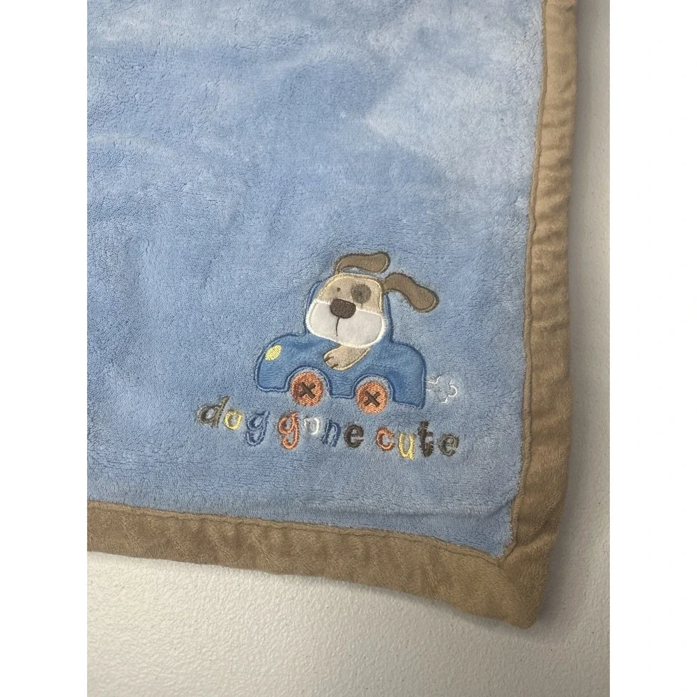 Small Wonders Dog Gone Cute Baby Blanket Blue With Brown Trim Soft! Hard To Find